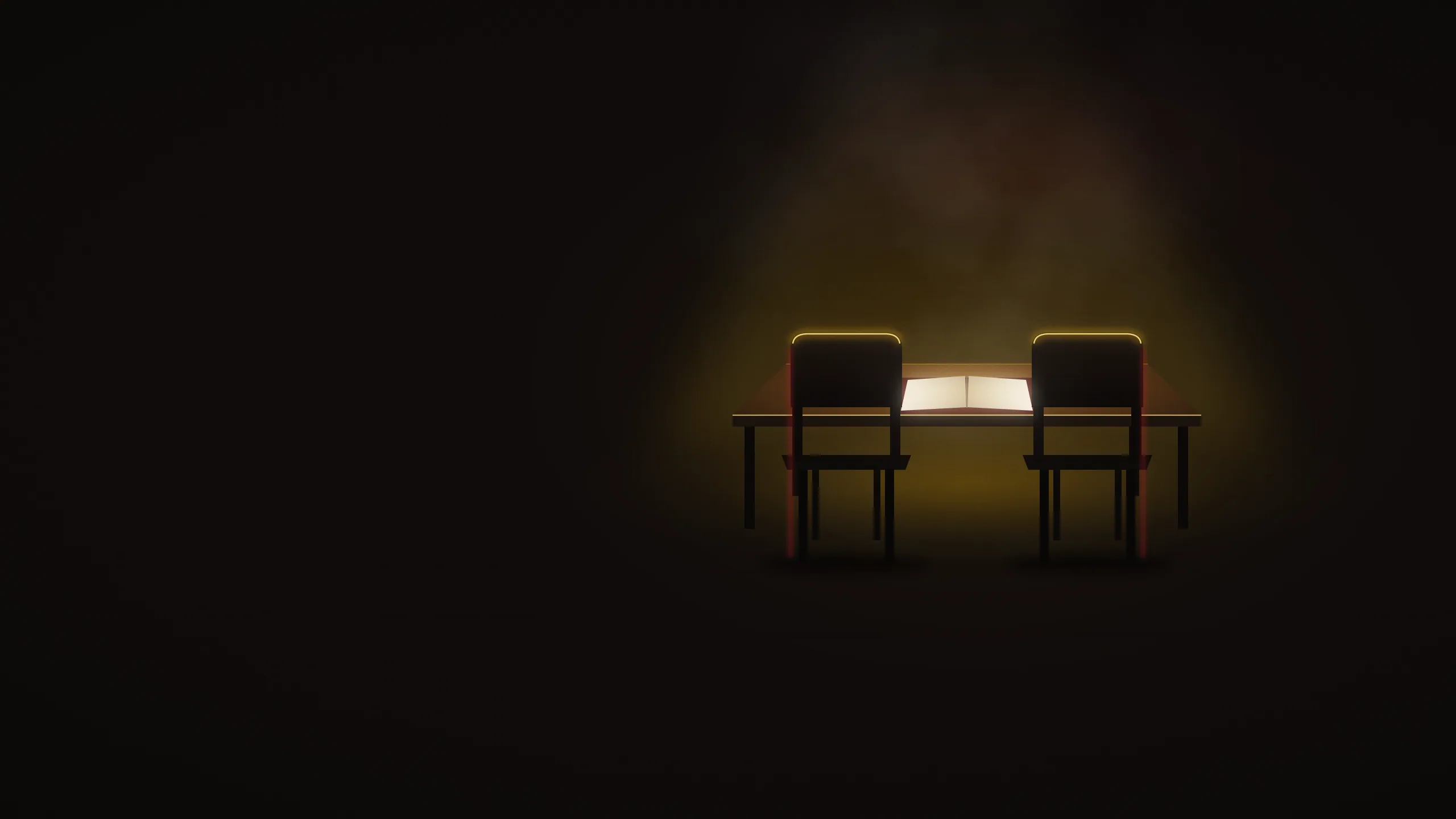 Two empty chairs at a table in a pool of warm light, with an open folder between them.