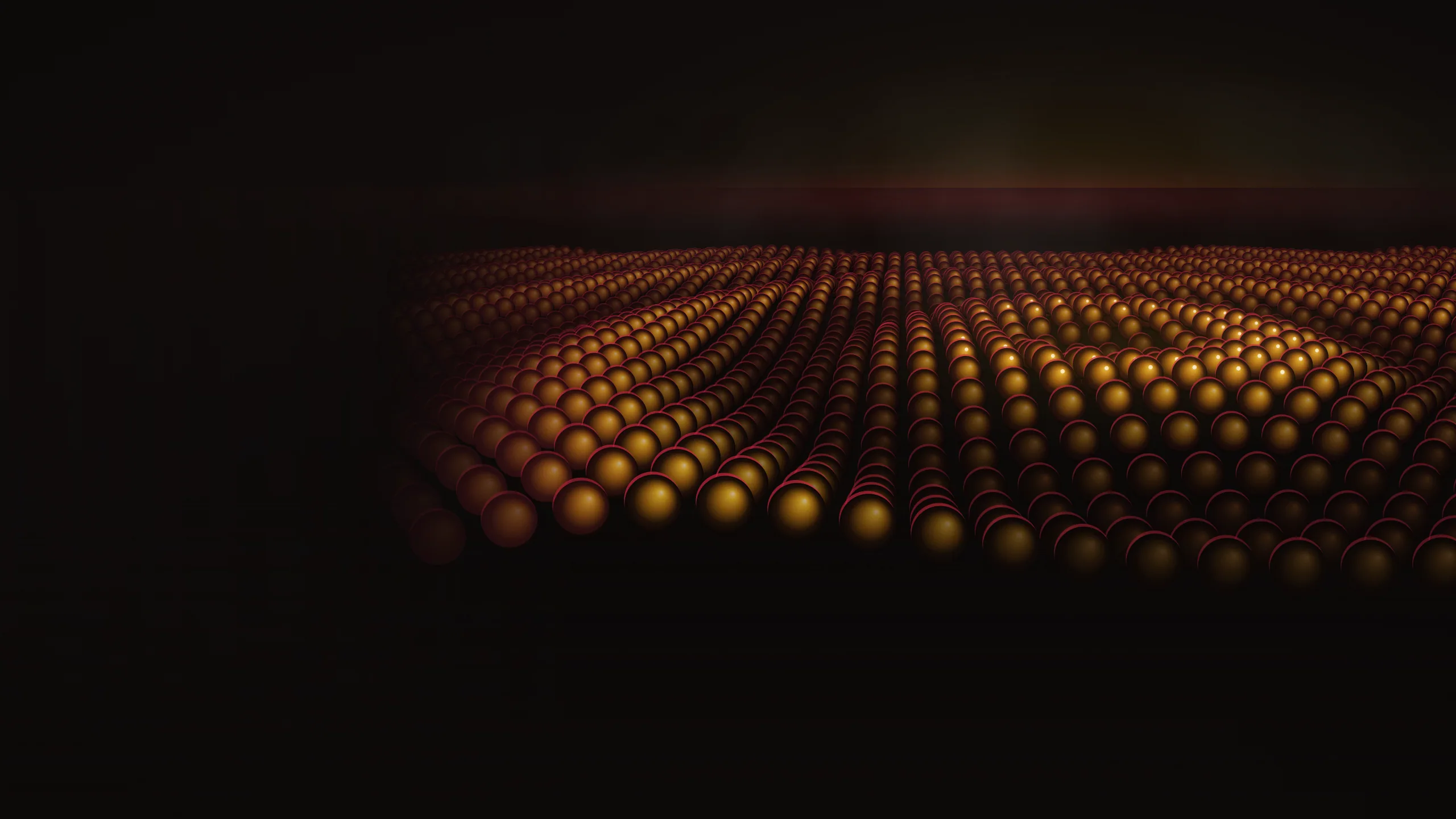 Hundreds of cloned metallic spheres rippling in a wave across a dark floor, lit gold and crimson. Illustration for the Cinema 4D Pro short course.