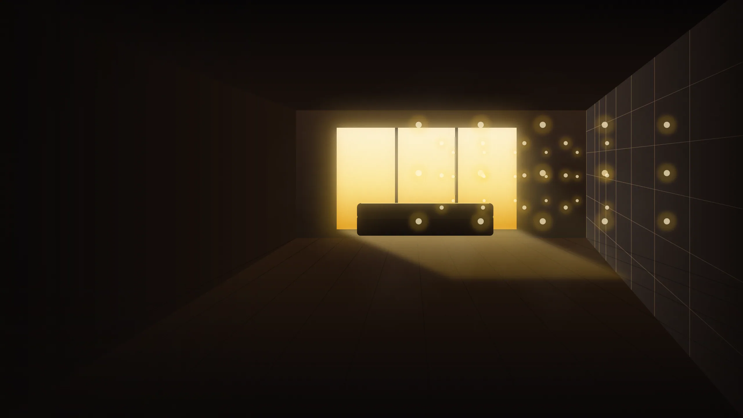A sunlit open-plan interior in a real-time walkthrough, one wall still in grey blockout. Illustration for the Design Viz Pro short course.