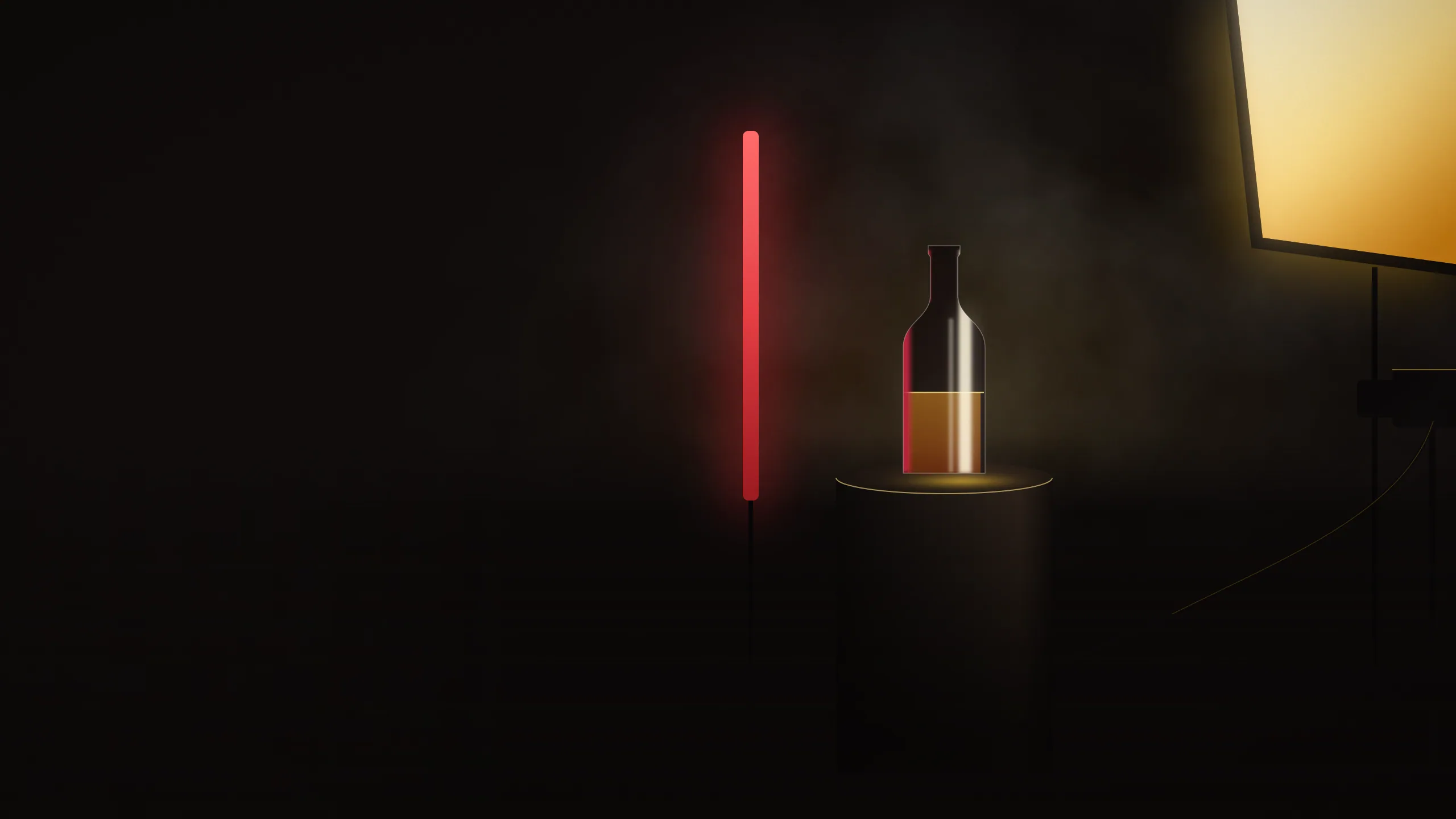 A glass bottle on a plinth lit by a gold softbox and a crimson strip light, studio stands at the edge of frame. Illustration for the Digital Photography short course.