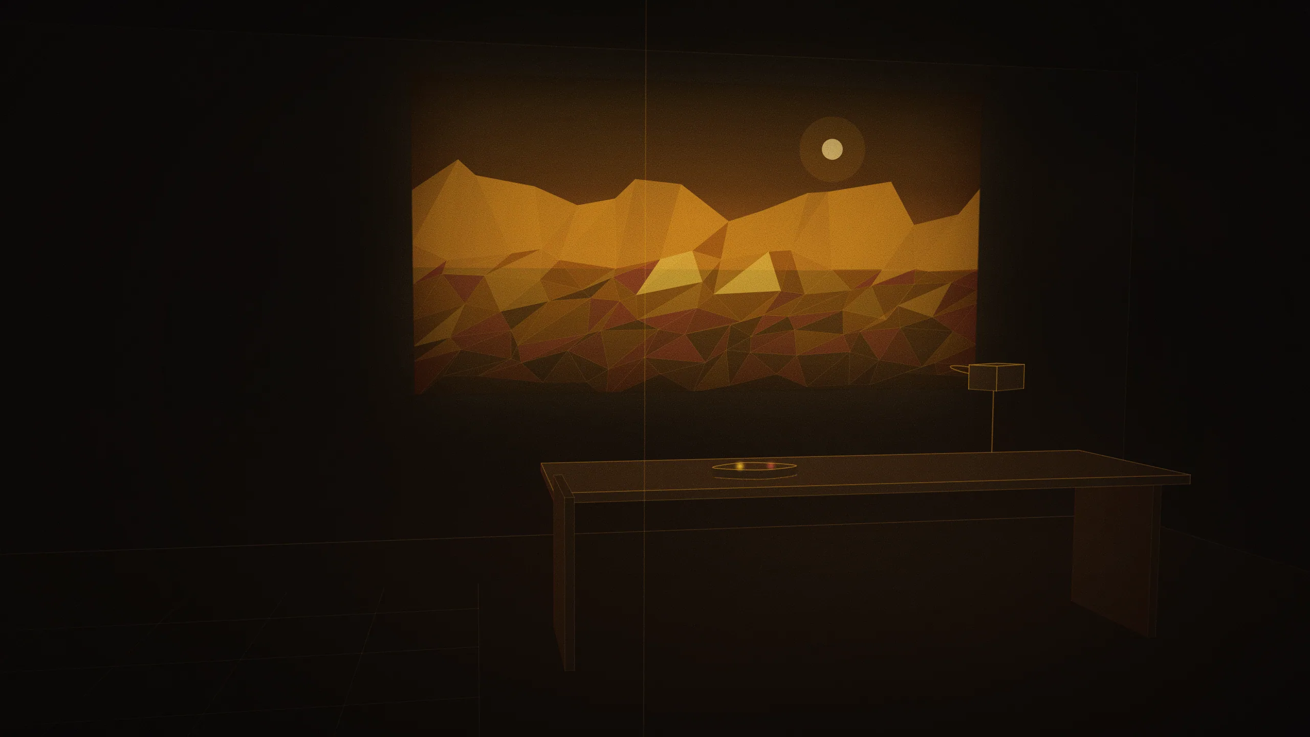 Concept illustration of the planned game design & XR lab: a headset on a stand, a controller, a floor tracking grid and a large screen glowing with an abstract low-poly world. Drawn as an abstract, warm-lit light study; not a photograph of the centre.