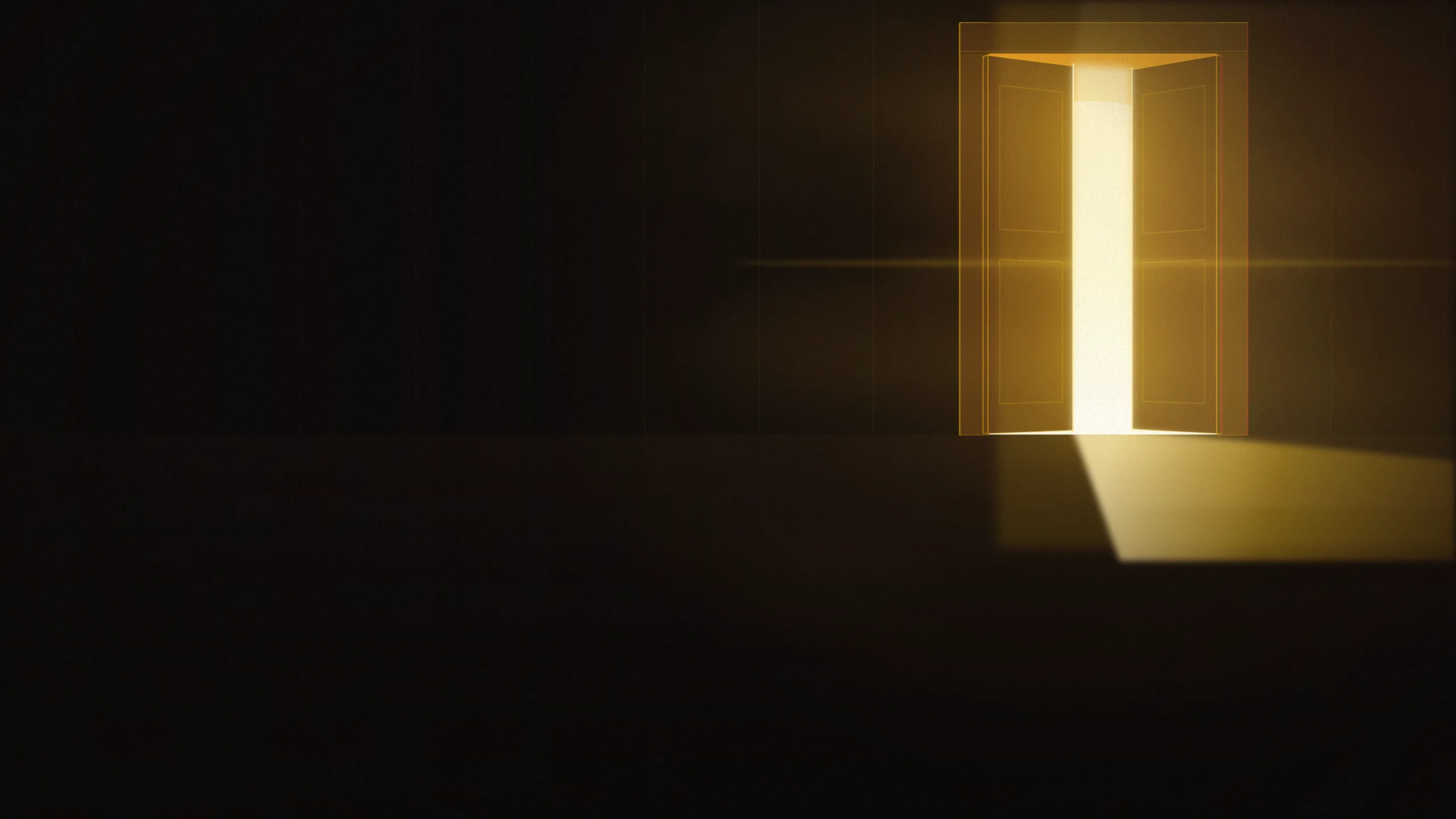 Concept illustration: tall studio doors standing ajar at night, warm gold light spilling through the gap across a dark floor. Drawn as an abstract, warm-lit light study; not a photograph of the centre.