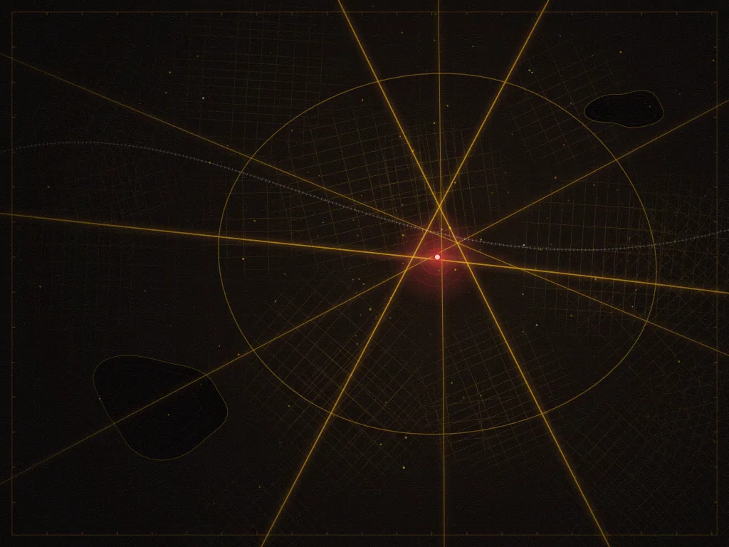 Concept illustration of a stylised night map: gold hairline streets converging on a single crimson point of light. Decorative only, not a real map and not the centre's exact location.