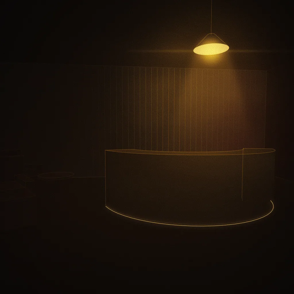 Concept illustration of a planned reception & waiting lounge: a low curved desk under a single pendant light, light pooling on a dark floor. Drawn as an abstract, warm-lit light study; not a photograph of the centre.