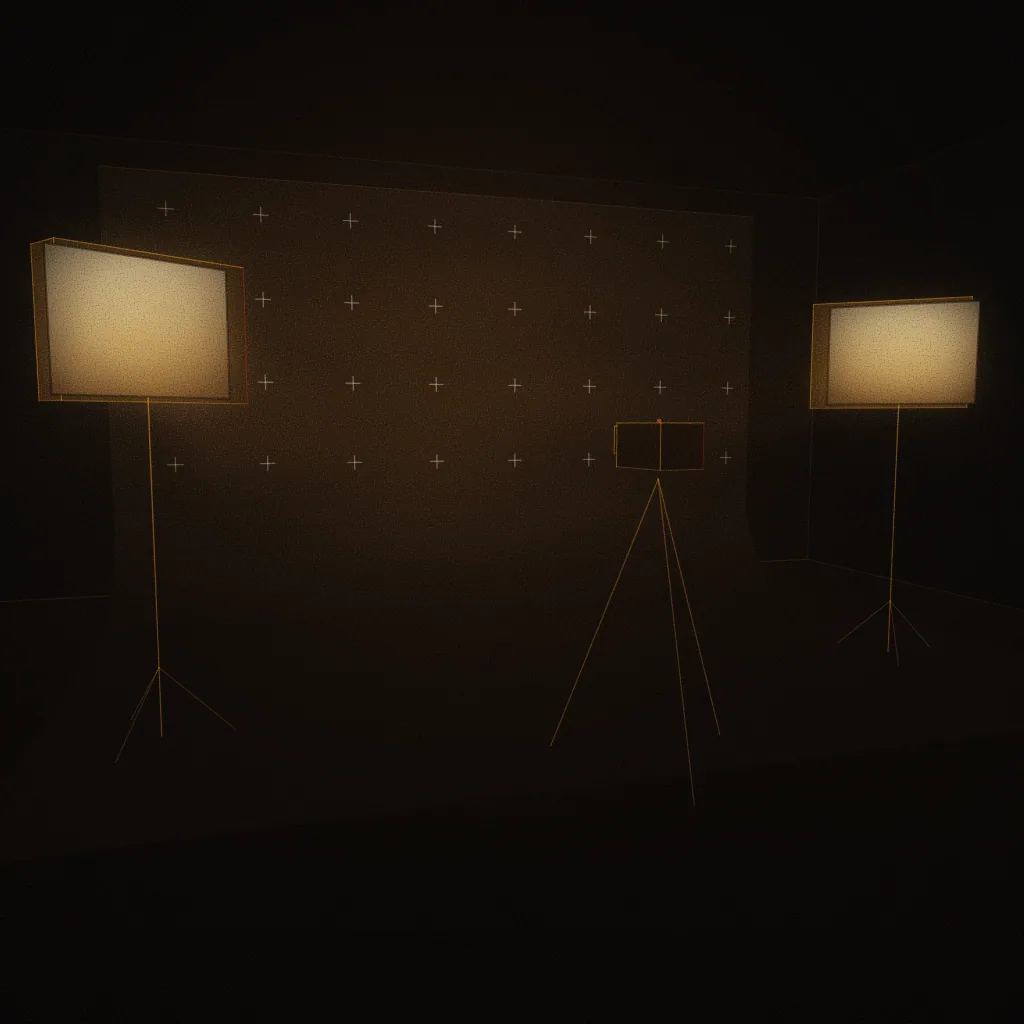 Concept illustration of a planned green-screen production bay: a curved cyclorama wall with tracking marks, a camera on a tripod and two soft lights. Drawn as an abstract, warm-lit light study; not a photograph of the centre.