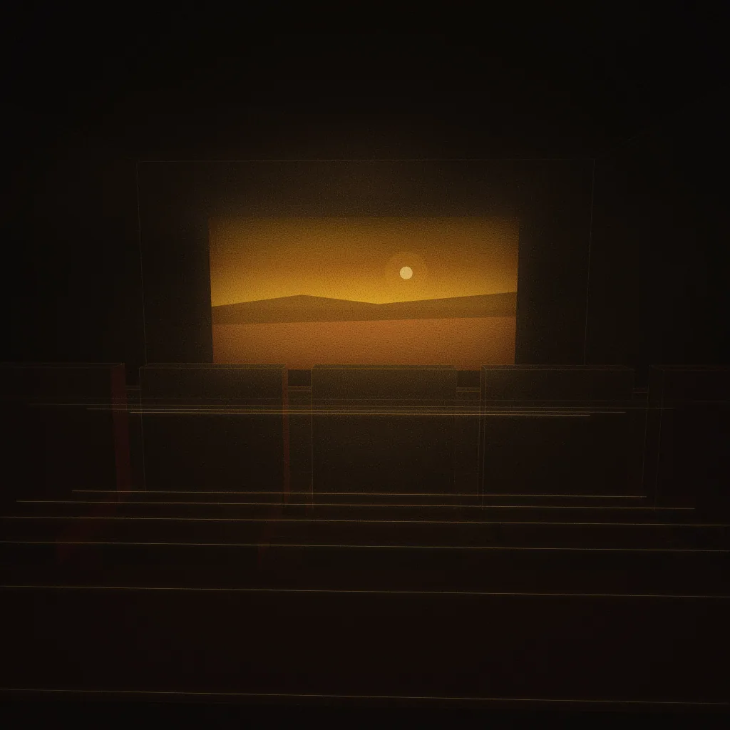 Concept illustration of a planned screening & review room: tiered seats facing a glowing abstract frame, the projector beam crossing the haze. Drawn as an abstract, warm-lit light study; not a photograph of the centre.