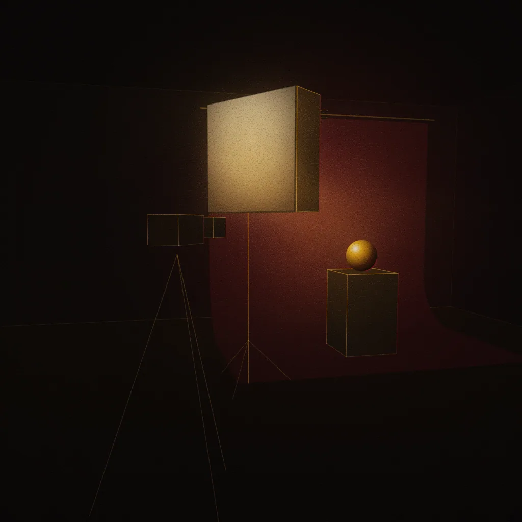 Concept illustration of a planned photography & camera bay: a camera on a tripod, a softbox and a seamless backdrop behind a lit sphere on a plinth. Drawn as an abstract, warm-lit light study; not a photograph of the centre.