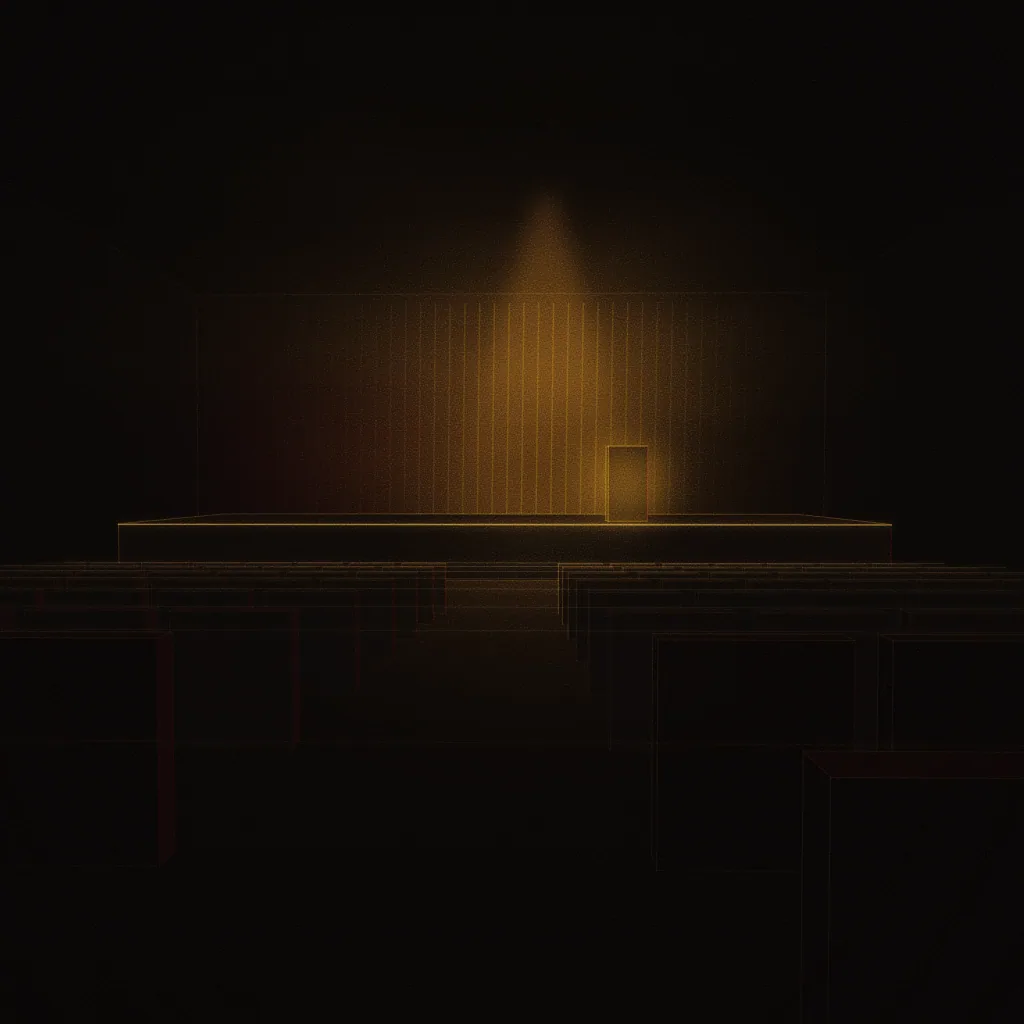 Concept illustration of a planned auditorium / seminar hall: rows of seats in silhouette facing a softly lit stage. Drawn as an abstract, warm-lit light study; not a photograph of the centre.