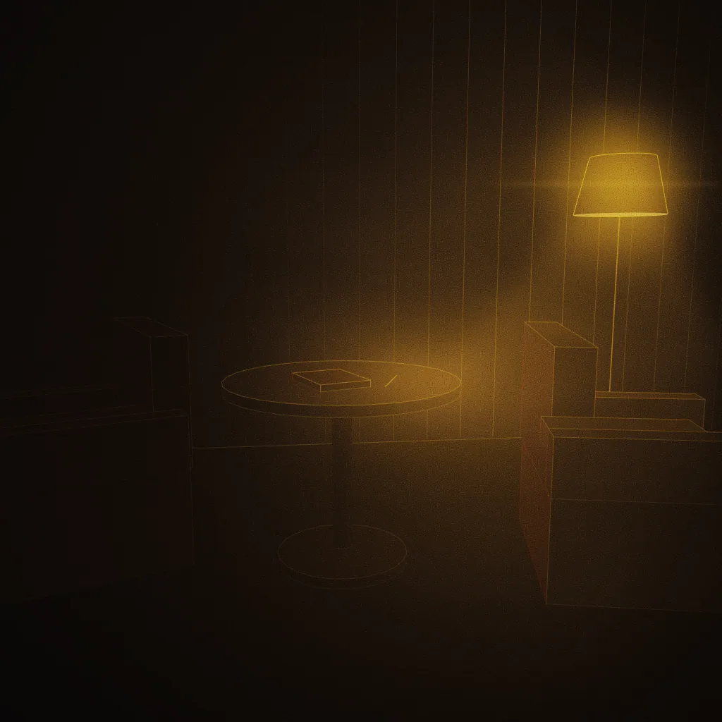 Concept illustration of a planned counselling & admissions desk: two armchairs across a small round table with a closed notebook, lit by a warm floor lamp. Drawn as an abstract, warm-lit light study; not a photograph of the centre.