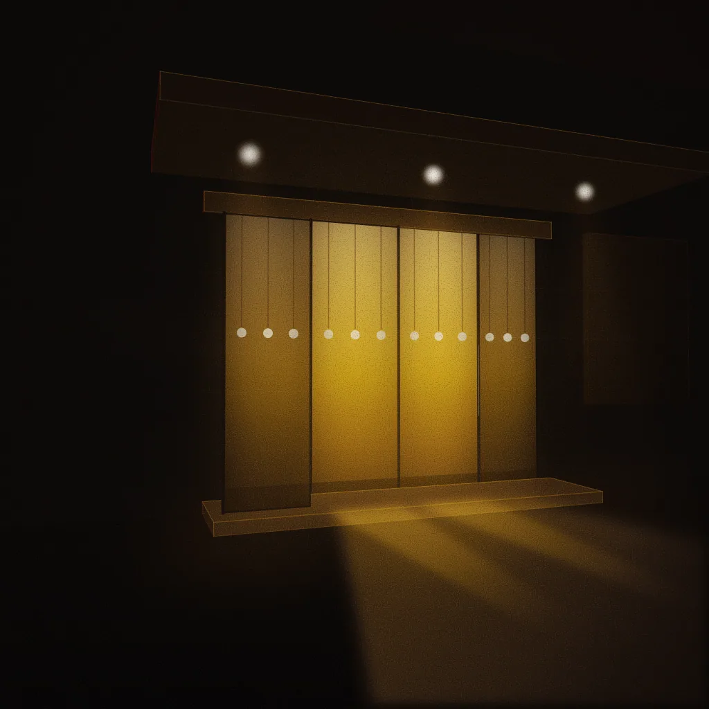 Concept illustration of a planned main entrance: glass doors lit from within at night beside a blank, unlit panel. Drawn as an abstract, warm-lit light study; not a photograph of the centre.