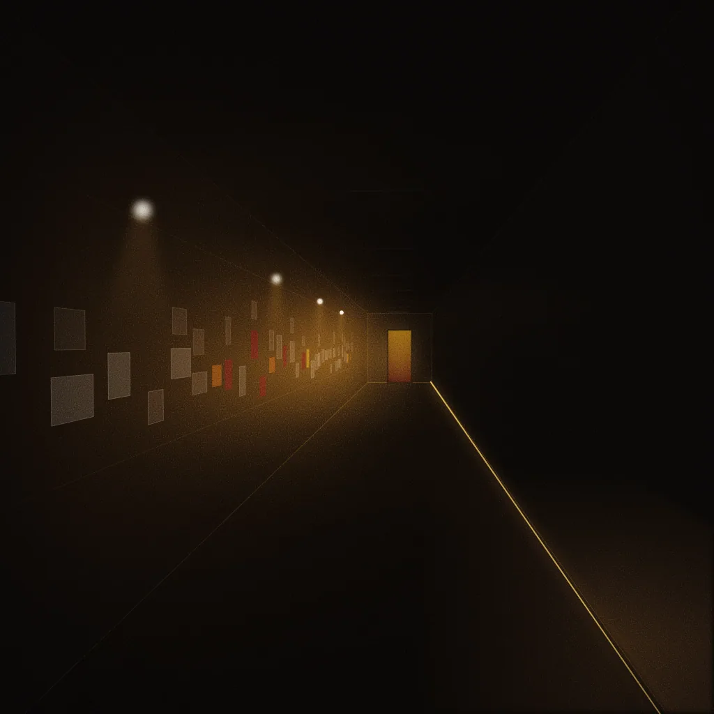 Concept illustration of a planned corridor & notice wall: a corridor with a pin-board wall of blank cards and colour swatches above a strip of floor light. Drawn as an abstract, warm-lit light study; not a photograph of the centre.
