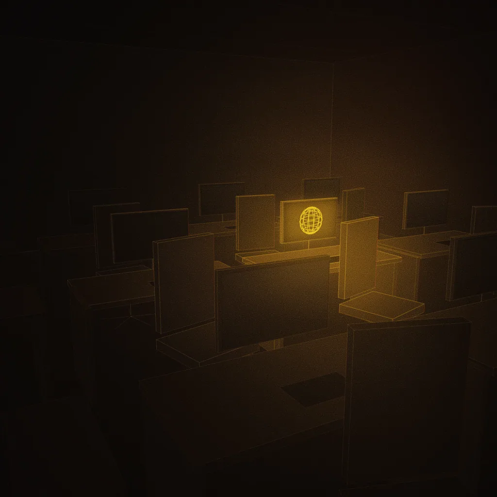 Concept illustration of a planned 3D animation classroom: rows of dark workstations, one monitor glowing with an abstract gold wireframe form. Drawn as an abstract, warm-lit light study; not a photograph of the centre.