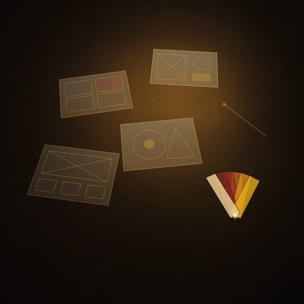Concept illustration of a planned design & UI/UX studio: a design table of blank wireframe sketches, colour chips and a stylus under a warm lamp. Drawn as an abstract, warm-lit light study; not a photograph of the centre.