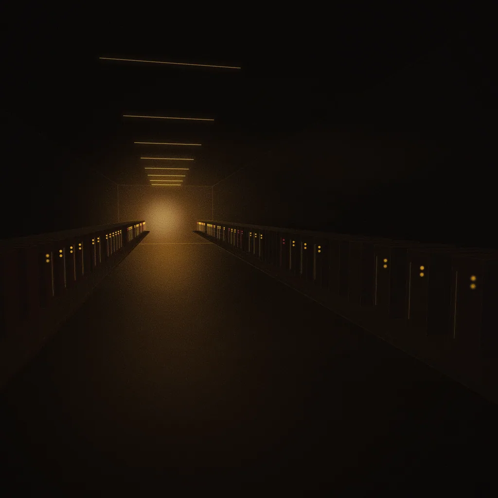Concept illustration of a planned rendering & software lab: a long row of workstation towers in a dark lab, status lights glowing gold. Drawn as an abstract, warm-lit light study; not a photograph of the centre.