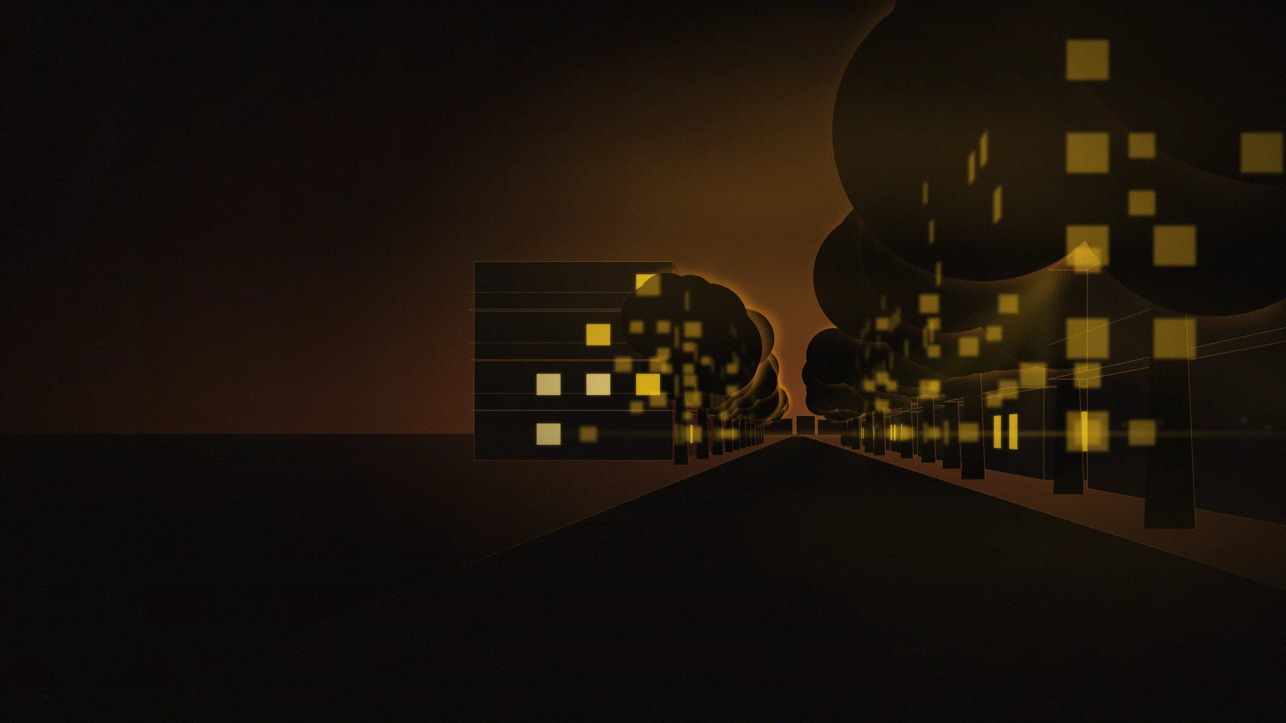 Abstract skyline illustration of Brookefield: a shaded street of low apartment buildings with balconies under mature trees, late-afternoon light falling through the canopy. Generic shapes and light, not a photograph of the area.