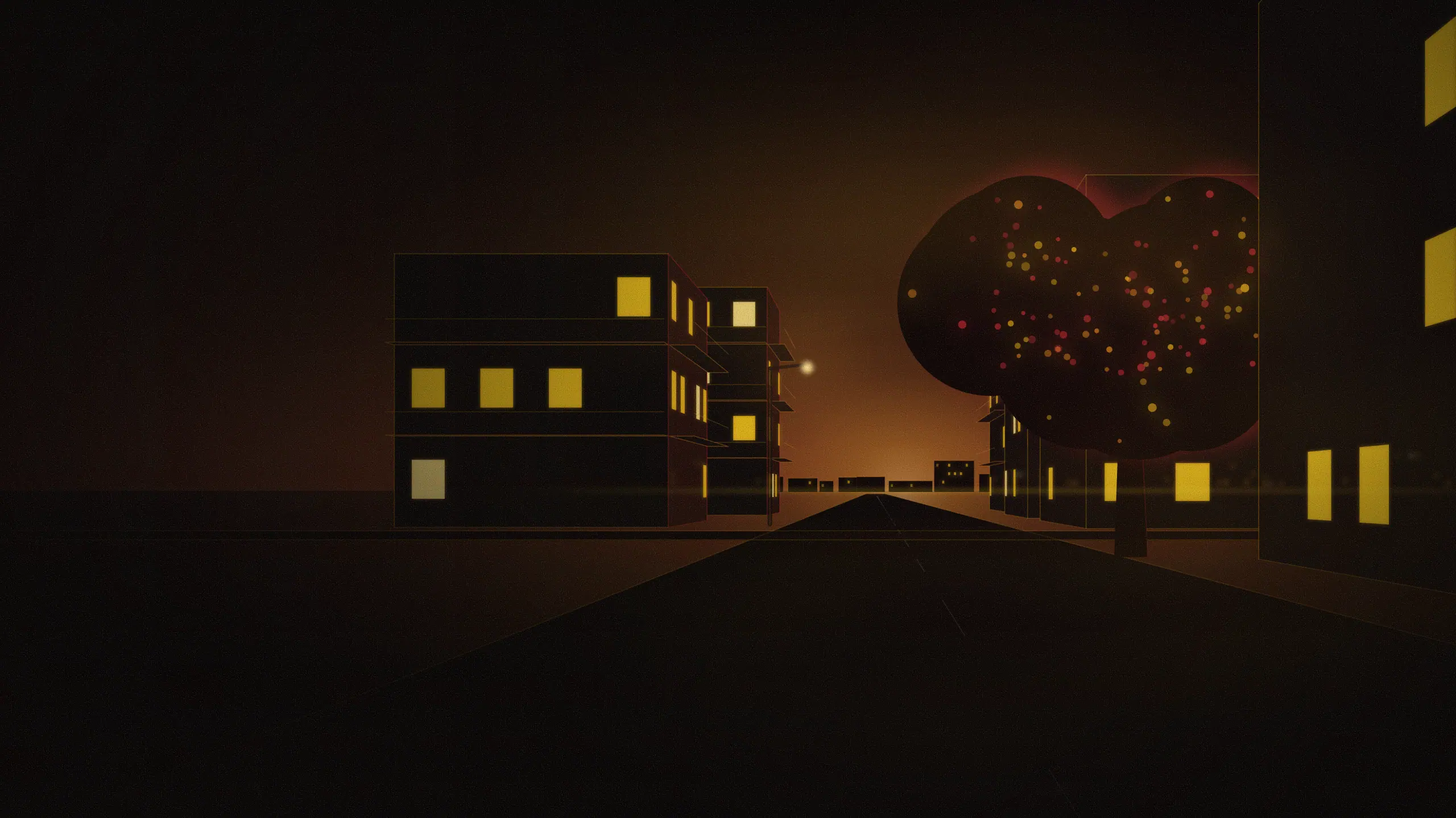 Abstract skyline illustration of Hoodi: a quiet residential junction at early evening, low apartment blocks with lit windows and a single flowering tree. Generic shapes and light, not a photograph of the area.