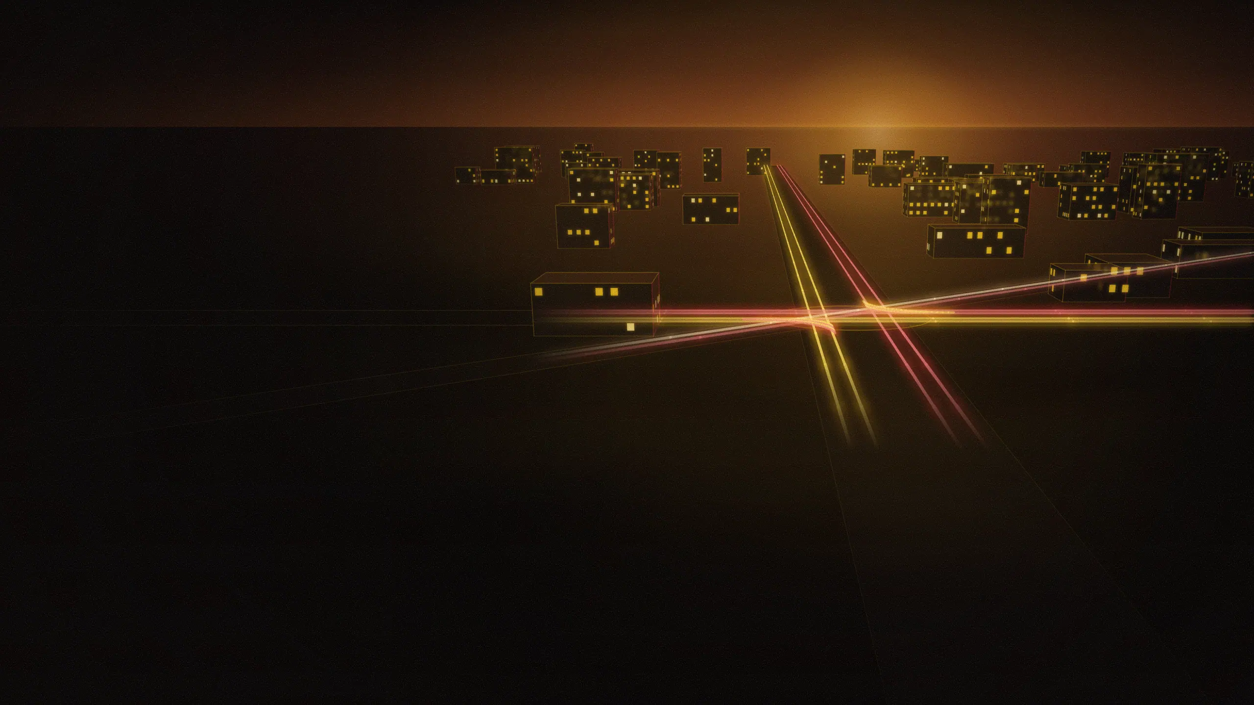 Abstract skyline illustration of Hope Farm: a wide junction at dusk seen from above, long gold and crimson light trails curving through it and low buildings beyond. Generic shapes and light, not a photograph of the area.