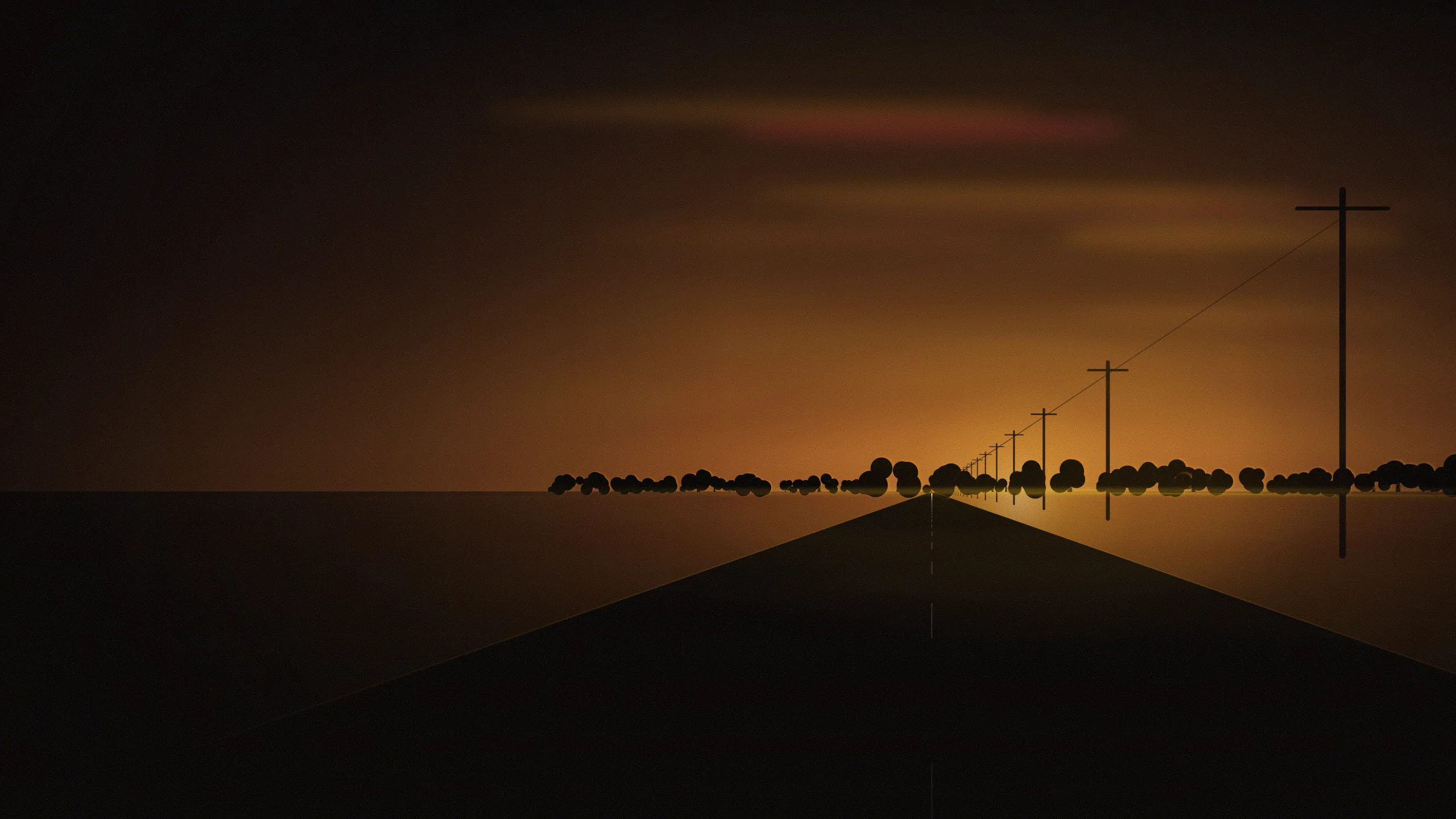 Abstract skyline illustration of Hoskote: an open highway at first light between flat fields, a line of trees on the horizon under a large soft sky. Generic shapes and light, not a photograph of the area.