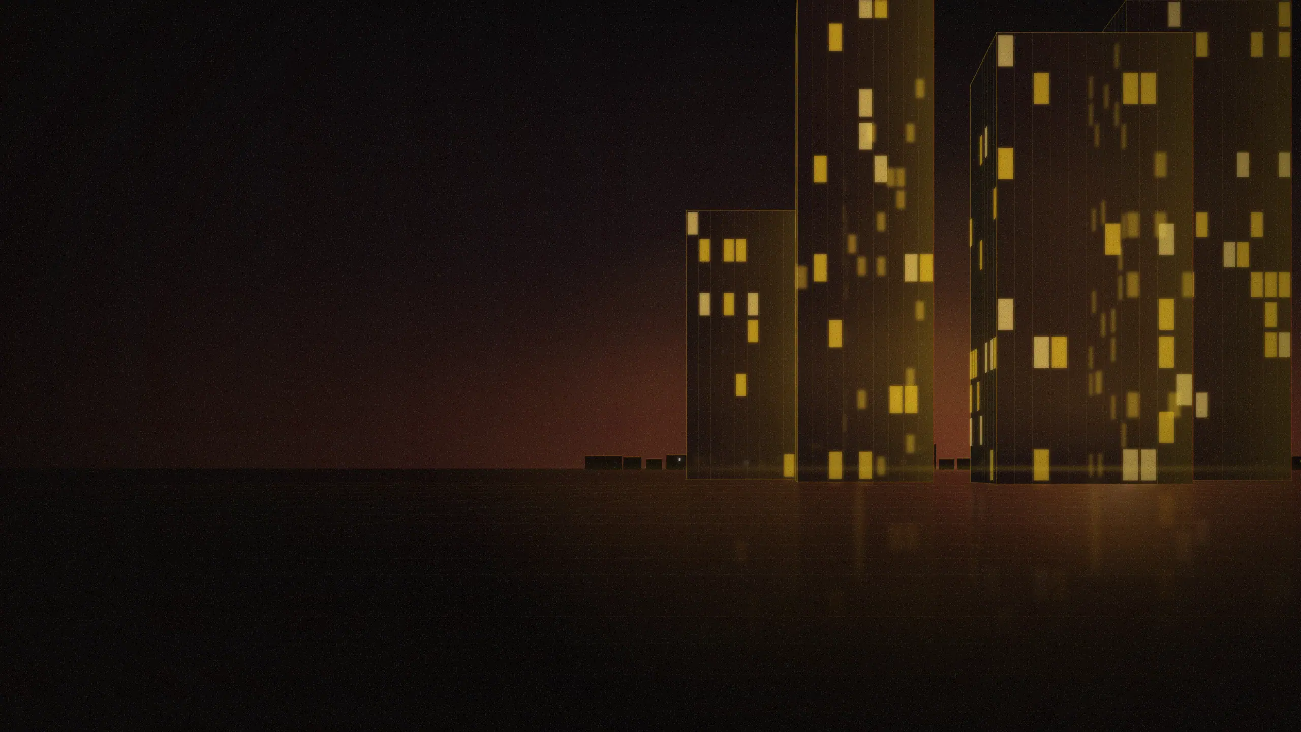 Abstract skyline illustration of ITPL: a cluster of generic glass towers at blue hour seen across an empty forecourt, their reflections on wet paving. Generic shapes and light, not a photograph of the area.