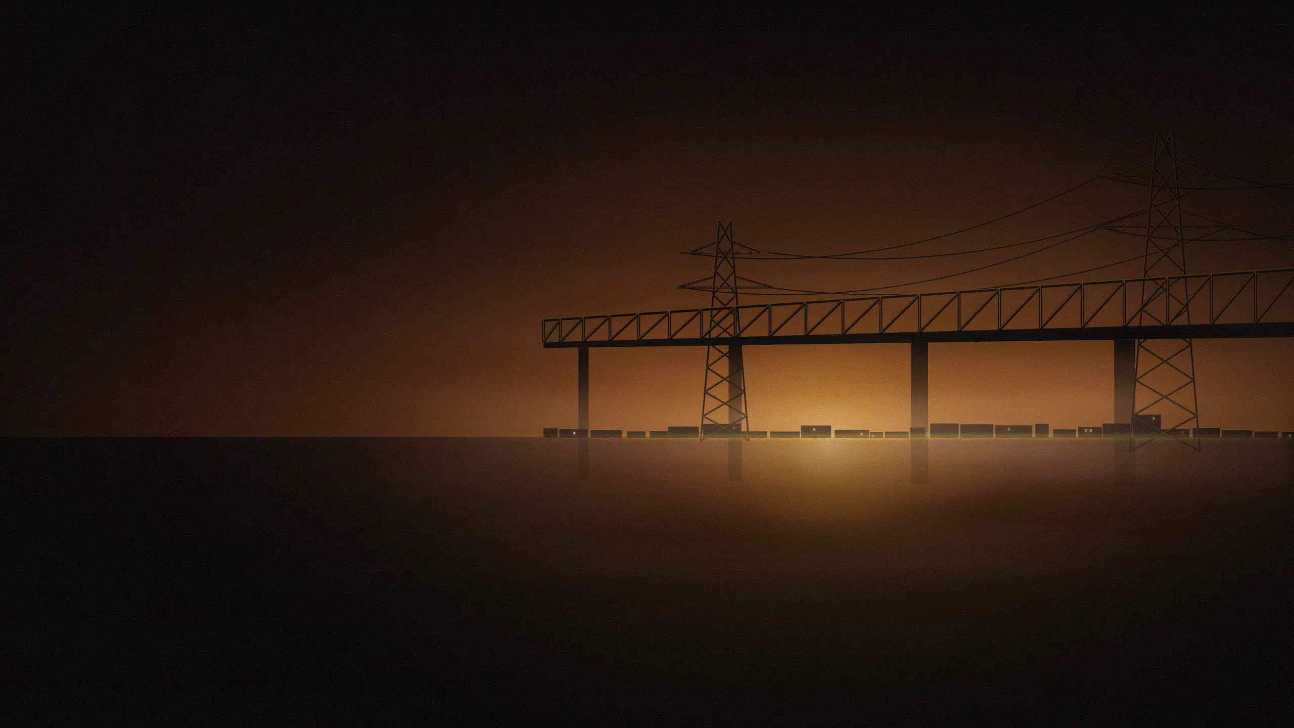 Abstract skyline illustration of KR Puram: a railway overbridge at dawn with mist in the low ground, silhouetted pylons and a warm horizon line. Generic shapes and light, not a photograph of the area.