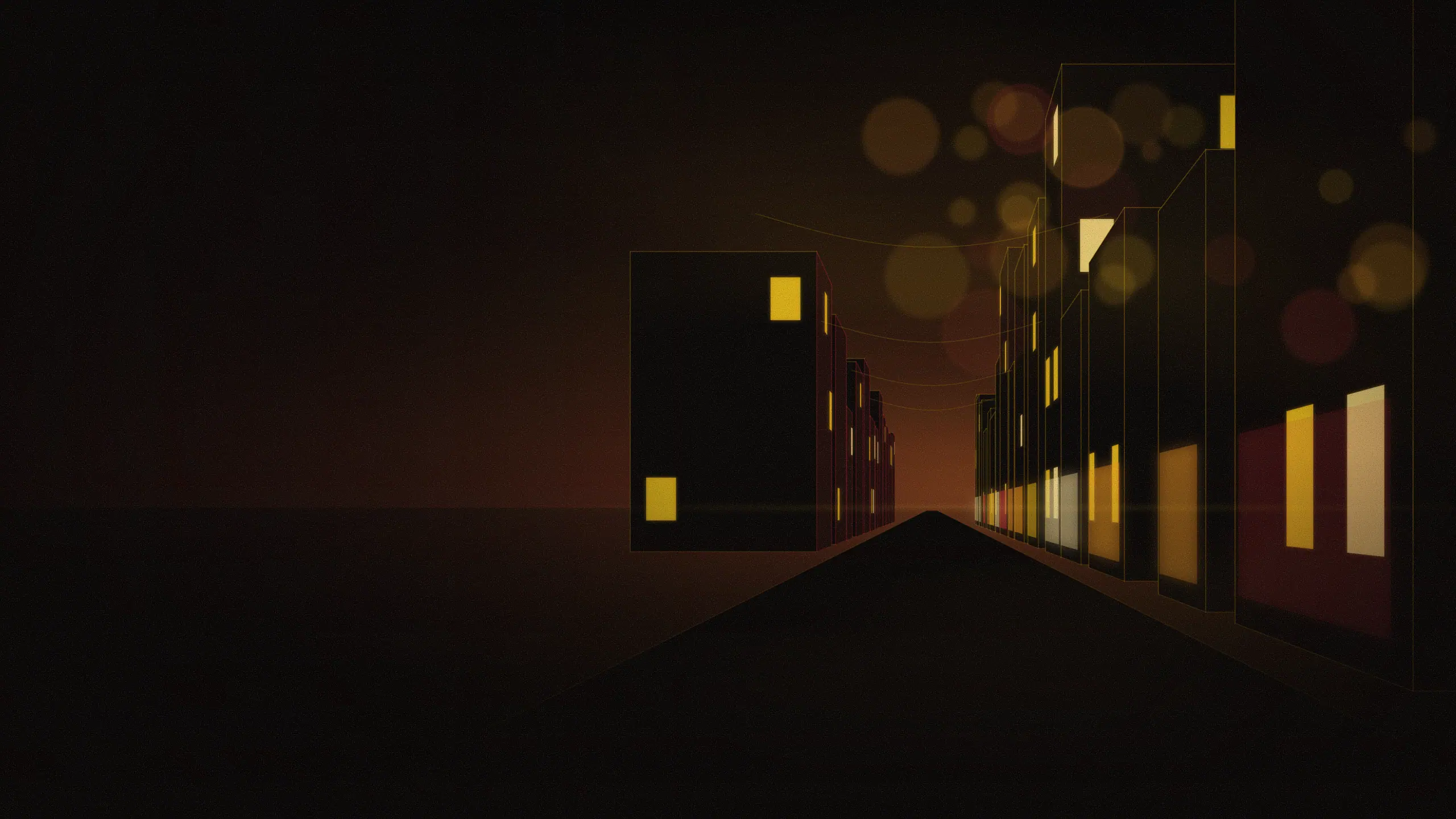 Abstract skyline illustration of Kundalahalli: a narrow street at night reduced to warm light shapes and soft bokeh. Generic shapes and light, not a photograph of the area.