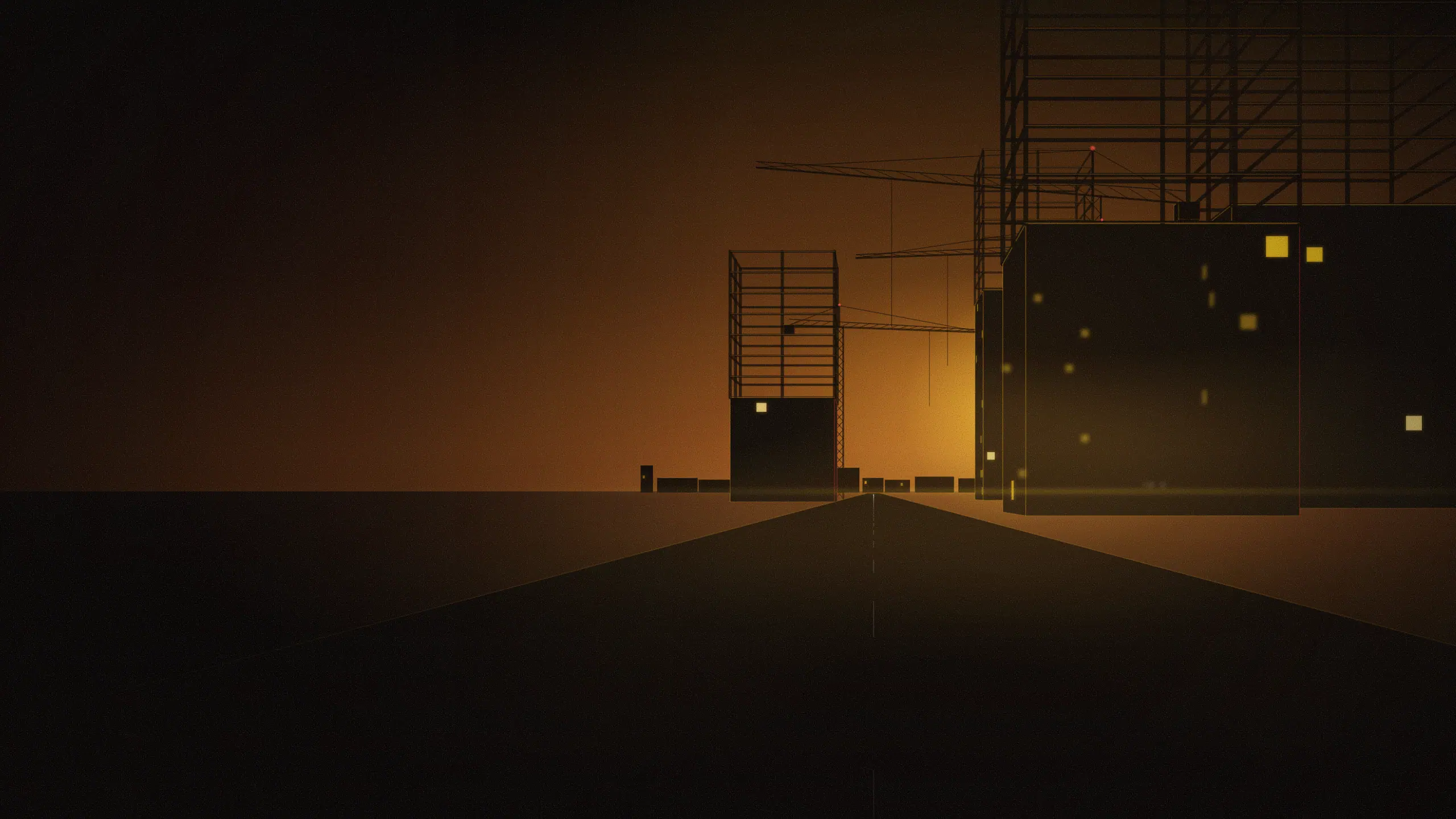 Abstract skyline illustration of Sarjapur Road: a long straight road at golden hour lined with construction cranes and half-built towers in silhouette, dust haze in the low sun. Generic shapes and light, not a photograph of the area.
