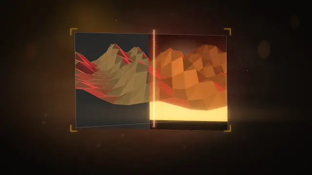 A floating viewport frame showing a terrain, half untextured grey blockout and half lit and graded, split by a glowing seam.