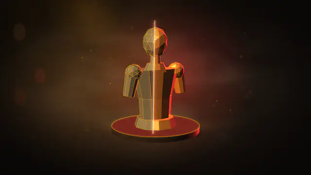 A faceted character bust on a turntable, half grey clay traced in gold wireframe and half finished bronze, split by a glowing seam.
