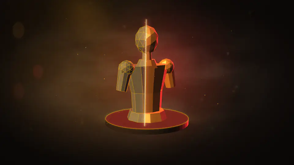 A faceted character bust on a turntable, half grey clay traced in gold wireframe and half finished bronze, split by a glowing seam.