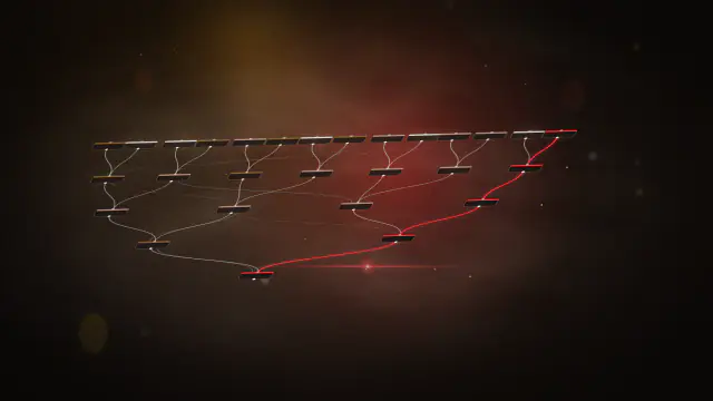 A dense, orderly node tree on a receding plane with a single branch traced in glowing crimson.
