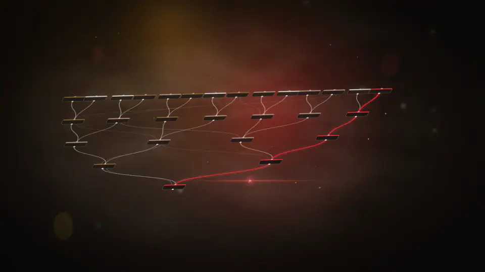A dense, orderly node tree on a receding plane with a single branch traced in glowing crimson.