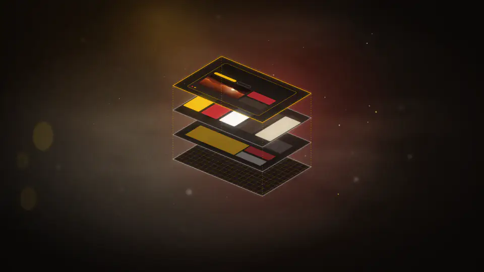 A brand system exploded into stacked floating layers: grid, layout blocks, colour chips and a finished interface screen.