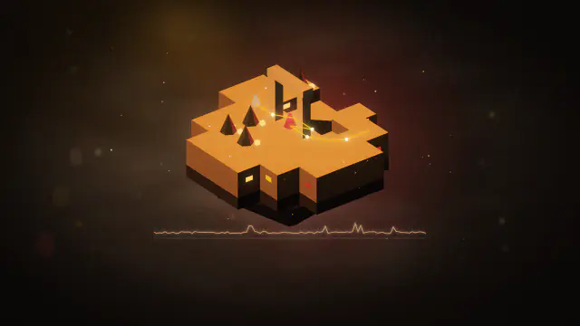 A lit isometric ruin on a floating island with a thin performance graph running beneath it.
