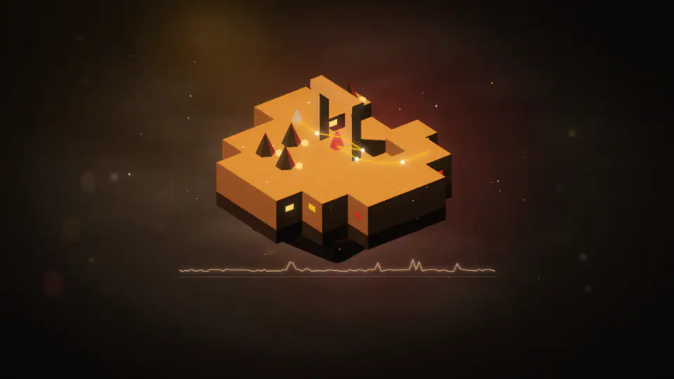 A lit isometric ruin on a floating island with a thin performance graph running beneath it.