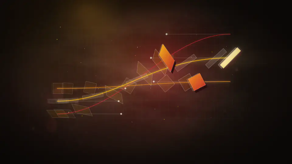 Abstract geometric slabs travelling along glowing easing curves, their motion trails bunching at each end of the move.