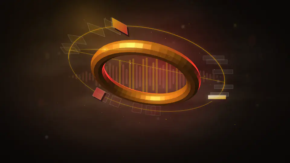 A tilted gold ring with three geometric slabs orbiting it, each trailing spaced motion ghosts, over a faint band of spectrum bars.