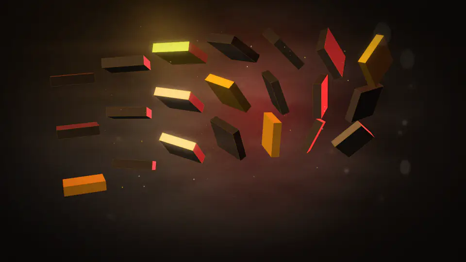 A cloned array of extruded geometric slabs tumbling in formation, lit gold from above and crimson behind.
