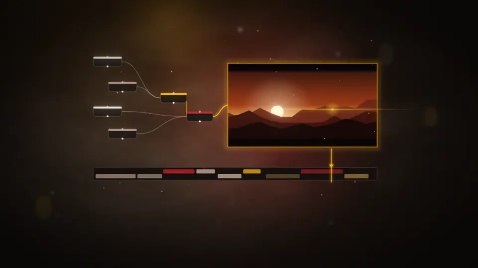 A small node graph feeding one finished letterboxed frame, above an edit timeline with a gold playhead.