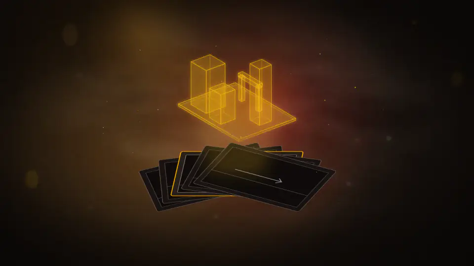 A fanned deck of storyboard cards with a translucent gold wireframe set rising from them in a beam of light.