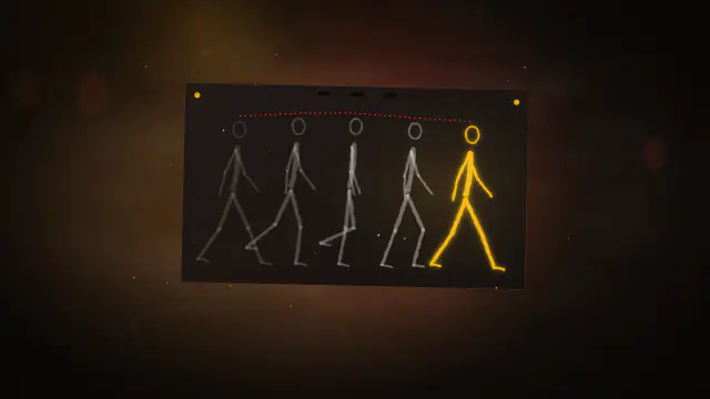 Overlapping brush-drawn walk-cycle poses on a dark pegged sheet, the newest pose drawn in glowing gold.