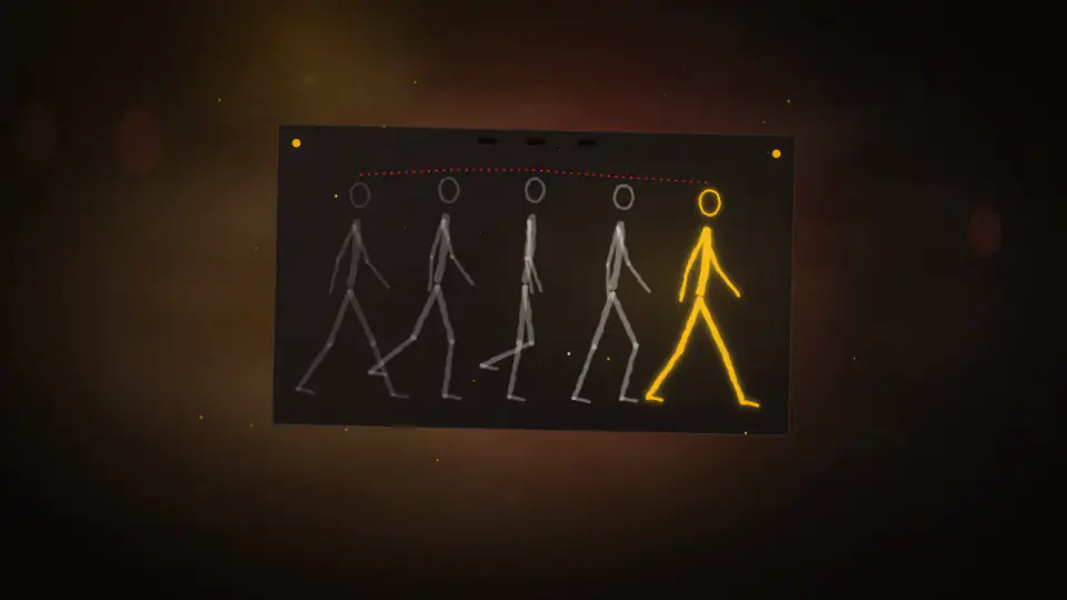 Overlapping brush-drawn walk-cycle poses on a dark pegged sheet, the newest pose drawn in glowing gold.