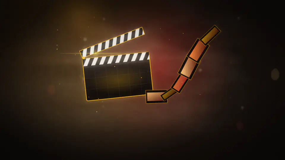 A glowing clapperboard with a six-frame film strip curling upward beside it.