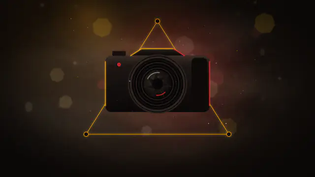 A camera body seen head-on with its lens stopped down to a seven-blade aperture, a gold exposure triangle behind.