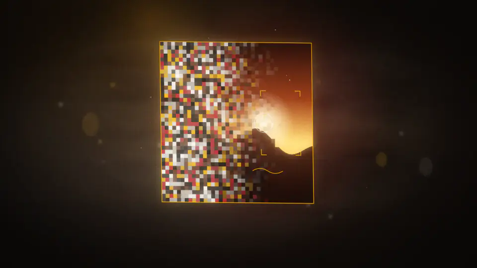 An image tile half dissolved into coloured noise and half resolved into a sunset scene, with fine correction marks.