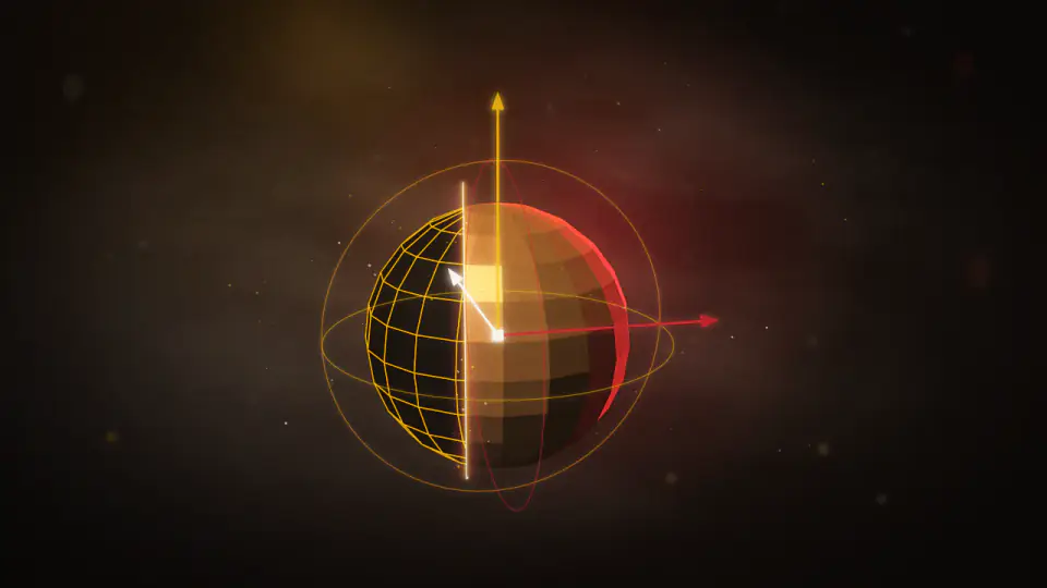 A polygon sphere, half gold quad wireframe and half shaded, with a transform manipulator and rotation rings.