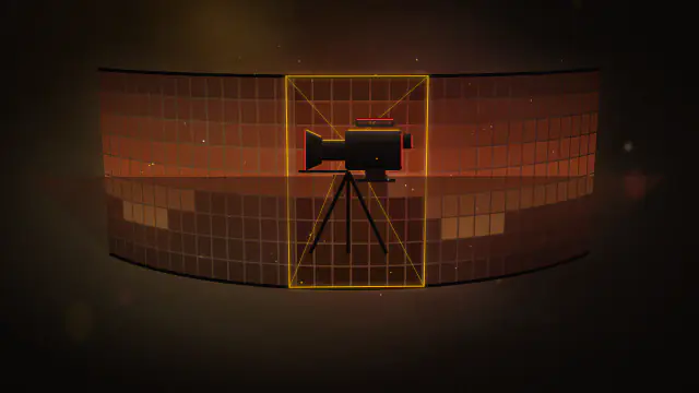 A curved LED wall showing a sunset landscape, with a small camera rig and its gold frustum lines.