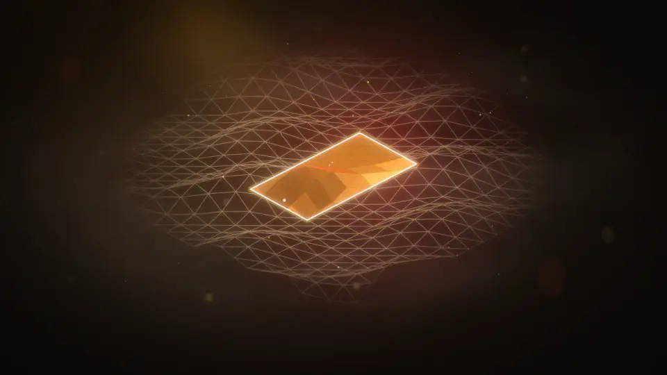 A phone-shaped slab of light holding a lit terrain, its wireframe world spilling past the edges.