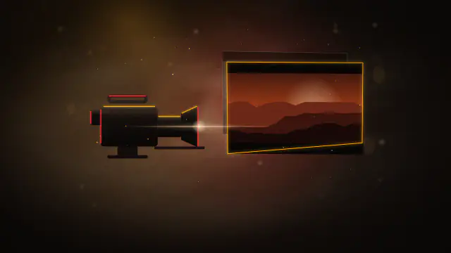 A silhouetted cinema camera projecting a warmer, graded, letterboxed frame in front of a cooler ungraded one.