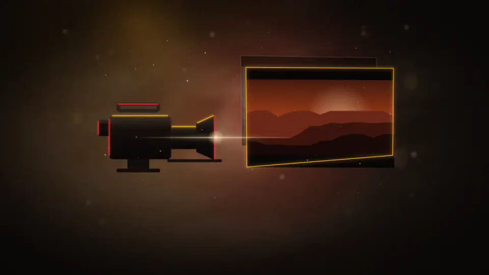 A silhouetted cinema camera projecting a warmer, graded, letterboxed frame in front of a cooler ungraded one.