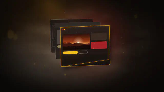 Three interface panels in depth, from grey wireframe at the back to a finished gold-accented screen in front.